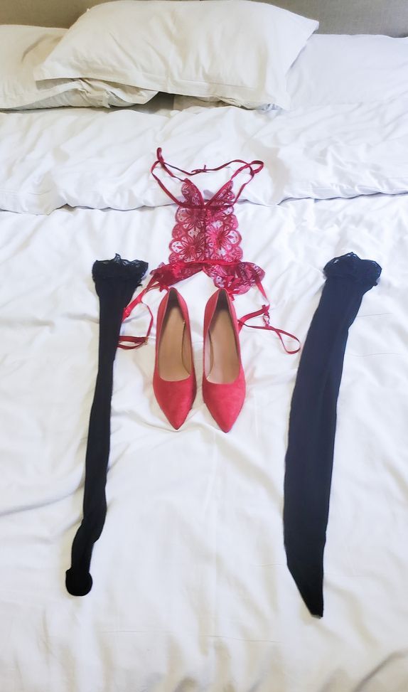 Slutty wife in stockings and red crotchless panties